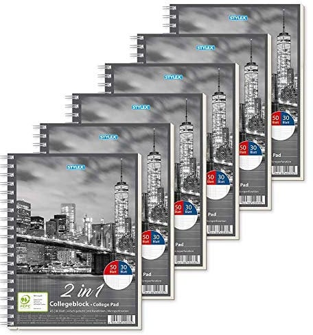 Stylex 40033-P6 - Collegeblock Duo mit Spiralbindung, DIN A5, 50 Blatt kariert und 30 Blatt liniert, 6 Stück