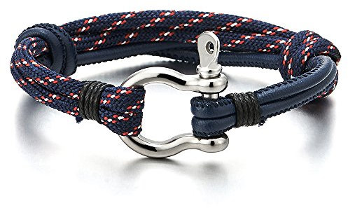 COOLSTEELANDBEYOND Acier Bracelet Vis Manilles d'ancrage - Homme Femme - Cuir sur Cordon - Nautique Marin Envelopper Bracelet