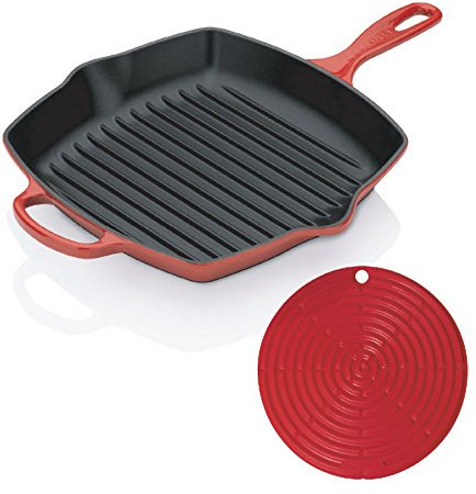 Le Creuset Signature Cast Iron Square Grillit, 26 cm and Silicone Cool Tool - Cerise