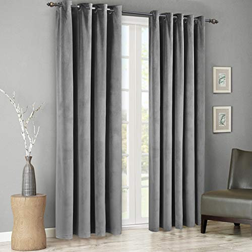 Singinglory Velvet Curtains Pencil Pleat Blackout Curtains 2 Panels with 2 Tiebacks Thermal Eyelet Curtain for Bedroom & Living Room Grey 90x90