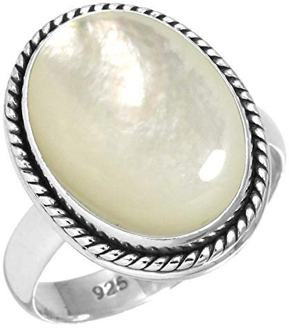 Jeweloporium 925 Sterling Silber Ringe für Damen Weiß Natürlich Perlmutt Edelstein Boho Silber Ringe Größe 55(17.5) Weihnachten - Geschenk Handgefertigt Schmuck