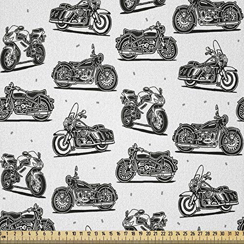 ABAKUHAUS Motorrad Stoff als Meterware, Retro-Stil Zeichnungen, Microfaser Stoff für Dekoratives Basteln, 1M (230x100cm), Weiß Schwarz Grau