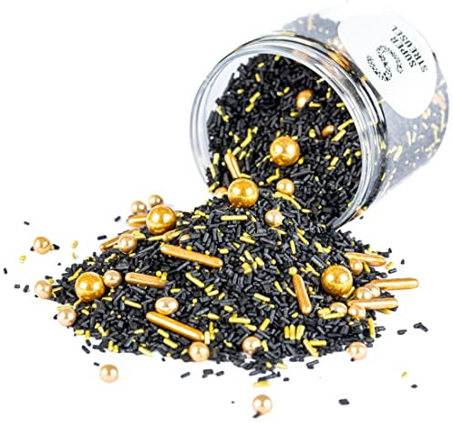 Super Streusel Goldrausch Gold Schwarze Streudeko | Streusel Gold Zuckerstreusel Gold Essbar | Streusel Gold Essbar | Zuckerperlen Gold Backdeko Essbar | Essbarer Glitzer Gold Schwarz (180g)