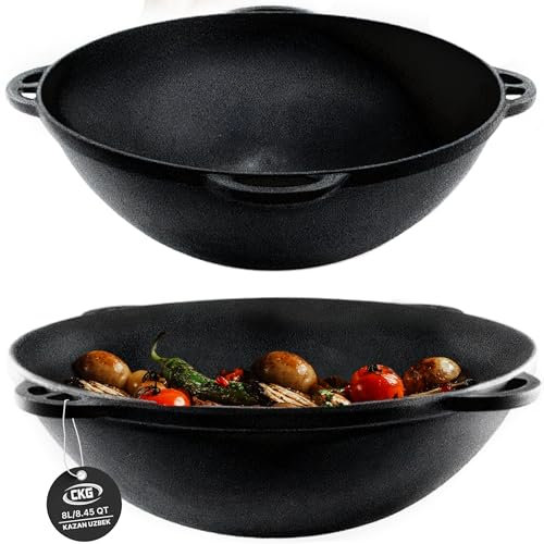 Kazan Usbekisches Gusseisen Kazan für Plov-Herstellung, Kochgeschirr, isolierte Doppelgriff-Pfanne, breite Öffnung, Gusseisen-Dutch Oven, Outdoor-Koch-Bratpfanne, Lodge Gusseisenpfanne, 8 l