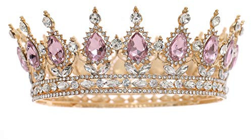 FORSEVEN Königin Krone Strass Hochzeit Kronen und Diademe für Frauen Kostüm Party Haarschmuck Prinzessin Geburtstag Krone Kristall Brautkrone, Goldfarben/Pink, 4.8x2.1 Inch (Pack of 1)
