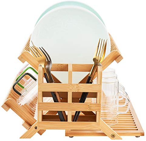 Worthyeah Bamboo Dish Drying Rack, 3 Tier Collapsible Wooden Dish Drainer Rack with Utensil Holder, Plate Rack for Kitchen Counter, Large Folding Drying Holder 51 pcs Grid