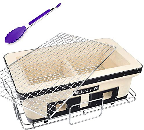 Rechteckig Yakatori Holzkohlegrill, Japanisch Keramischer Ton Hibachi BBQ Tischgrill Japanisch Tragbar Camping Holzkohlekocher Herd Mit Food Tong (Beige)