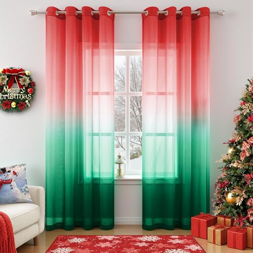 KOUFALL Curtains for Living Room,Red Green Sheer Curtain to Match LED Lights,Cortinas Rojas De Navidad para Sala,See Through Printed Holiday Curtain Drapes for Bedroom Window Xmas Decor 84 Inch Long