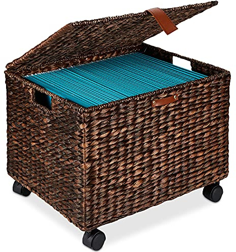 Best Choice Products Handwoven Water Hyacinth Rolling Filing Cabinet, Mobile File Organizer for Hanging Folders W/Lid and Locking Wheels For Home or Office – Brown