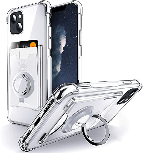 SHIELDS UP Designed for iPhone 13 Case, Wallet Minimalist Case with Ring Kickstand and Card Holder, Transparent Slim Shockproof TPU Bumper Cover for iPhone 13 6.1 inch- Clear