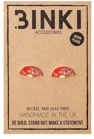 Chinese/Japanese Traditional Red Bamboo Hand Fan Stud Earrings - 1 pair (925 Sterling Silver)