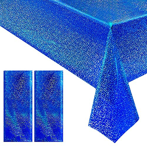 2 pcs Royal Blue Holographic Party Tablecloths 40 x 108 Laser Sparkly Table Cloths Iridescence Plastic Foil Glitter Table Covers for Wedding Graduation 4th of July Birthday Party Supplies