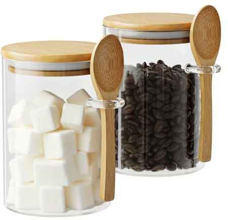 15 oz Glass Sugar Container, 2 Pack Coffee Container, Glass Jars with Lids | Seal, BPA-Free, Bamboo Soop, Coffee Bar Accessories, for Coffee Beans, Creamer, Salt, Overnight Oats, Brown sugar, Candy, Tea