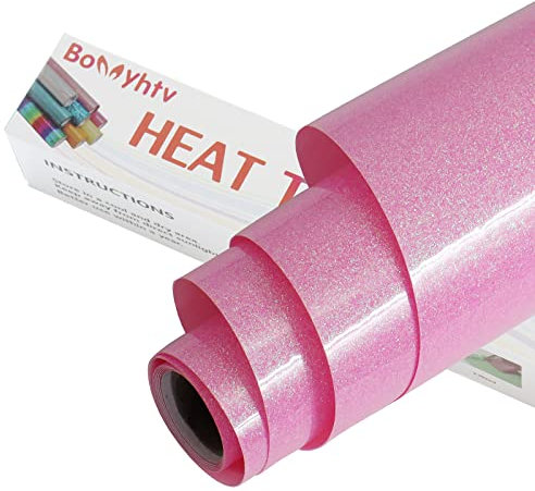 Bonnyhtv Glitter Iron on Vinyl for Cricut & Silhouette Cameo, 12 x 5ft Glitter Vinyl for Heat Transfer Vinyl for T-Shirts Gifts (Glitter Fluorescent Pink)