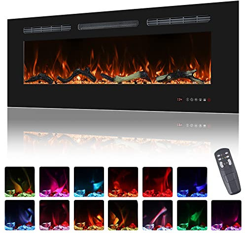 122cm Electric Fireplace Insert, Wall Mounted Fireplace Heater, 13 * 13 Flame Effects, Realistic Logs Ember Bed, Adjustable Thermostat & Timer, 1500W, Black(48)