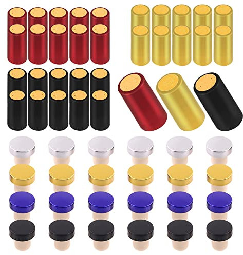 Swpeet 54Pcs 3 Colors Gold Black Red PVC Heat Shrink Capsules and Cork Tops Stopper with Plastic Top Assortment Kit, Sealing Plug Bottle Cap with Shrink Wrap