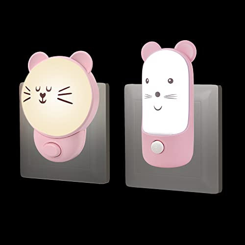 Annmore Nachtlicht Kinder für Steckdose, LED Stilllicht Baby, 3 Lichtmodi, Tierform Design (Katze/Maus)