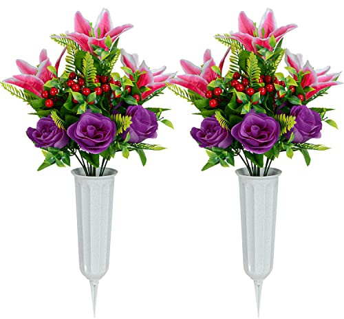 XONOR Künstliche Friedhofsblumen für Grab, 2 Stück Künstliche Gedenkblumen mit Vase für den Außenbereich, Friedhof, Grabsteine, Grabstein, Dekoration (Rosa Lilie & Lila Rose)