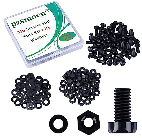Pzsmocn 150 Piezas/50 Juegos M6*12 mm Tornillos de Cabeza Redonda Cruzada de Nailon Negro Plástico Tuerca Hexagonal con Arandela Aislante, Tamaño Estándar para Bricolaje y Ensamblaje Electrónico.