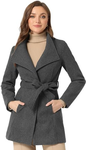 Allegra K Women's Winter Elegant Stand Collar Long Sleeve Long Belted Coats Dark Gray M