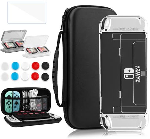 FANPL Custodia per Nintendo Switch OLED, pacchetto di accessori 15 in 1, custodia per il trasporto per Switch OLED e Joy Con con pellicola protettiva trasparente rigida, pellicola protettiva, 6