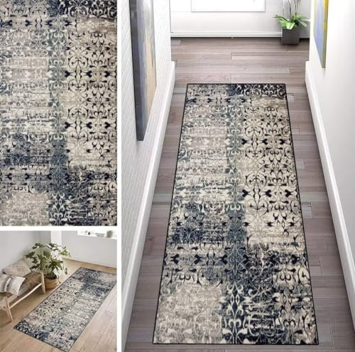 ZUZEKU Boho Läufer Flur Küche Waschbar rutschfest 40X60cm Marokko Grau Vintage Lang Küchenteppich Flurteppich Teppich Fur Korridor Wohnzimmer Schlafzimmer Meterware Anpassbar