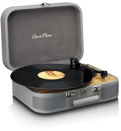 Classic Phono - TT-116 - Giradischi Bluetooth a 3 velocità - 33, 45 e 78 giri/min - Giradischi vintage in vinile - Uscita RCA - Altoparlante stereo - grigio
