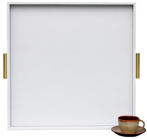 HofferRuffer Extra Large Square Serving Tray, Elegant Faux Leather Ottoman Tray with Gold Hardware Handles, Serve Tea, Coffee or Breakfast in Bed, 24 x 24 inches (White Shagreen)