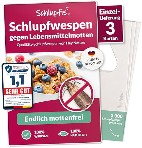 Hey Nature® Schlupfwespen gegen Lebensmittelmotten, 1 x 3 Karten. Natürlich & effektiv Lebensmittelmotten bekämpfen mit Schlupfwespen gegen Motten. Alternative zu Mottenkugeln & Mottenspray