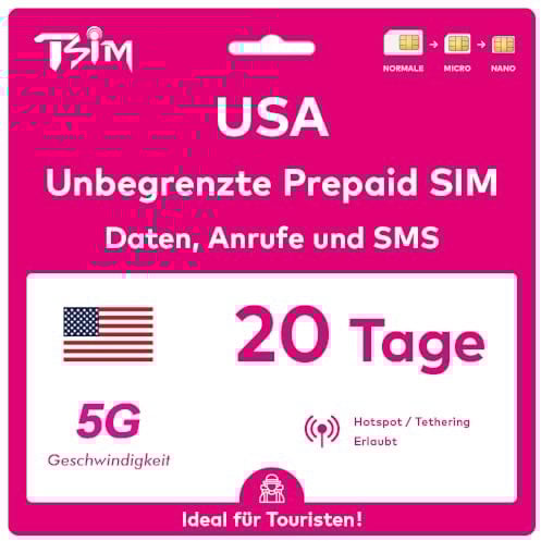 USA SIM-Karte 20 Tage. T-Mobile-Netz mit unbegrenztem Highspeed-Datenvolumen in 5G/4G/LTE | Unbegrenzte Anrufe und SMS innerhalb der USA (einschließlich Hawaii). 5G SIM-Karte!