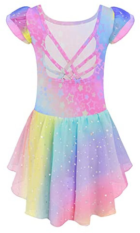 Arshiner Mädchen Ballett Tutu Ballettkleid Kinder Ballettkleidung Baumwolle Ballettanzug Regenbogen Tanzbody mit Chiffon Rock Tütü 130/3-4 Jahre