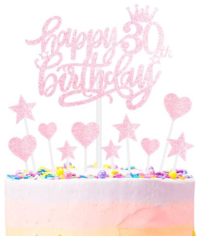 mciskin Happy 30th Birthday Cake Toppers - Pink Heart Stars for Women's 30th Birthday Cake Decorations