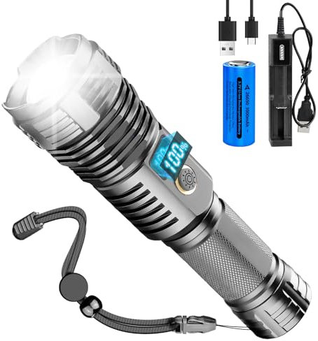 NAKCNM Torch Rechargeable with Digital Display, Torches led Super Bright 12000 Lumens, Camping Torch Battery Powered, 5 Modes Waterproof Flashlight for Hiking Walking Emergency
