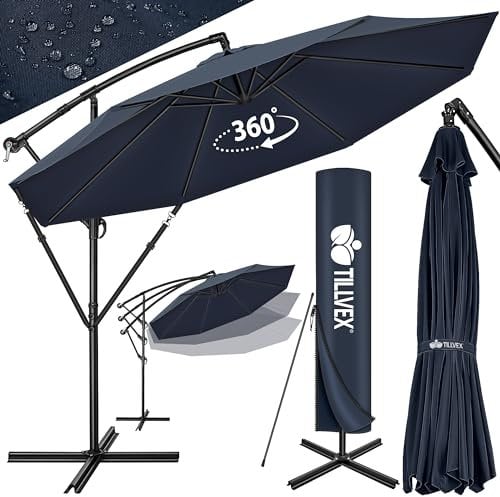 tillvex Sombrilla de 300 cm de diámetro con manivela, sombrilla con soporte, sombrilla de jardín, protección UV, aluminio, paraguas de mercado impermeable (Azul marino, 350 cm)