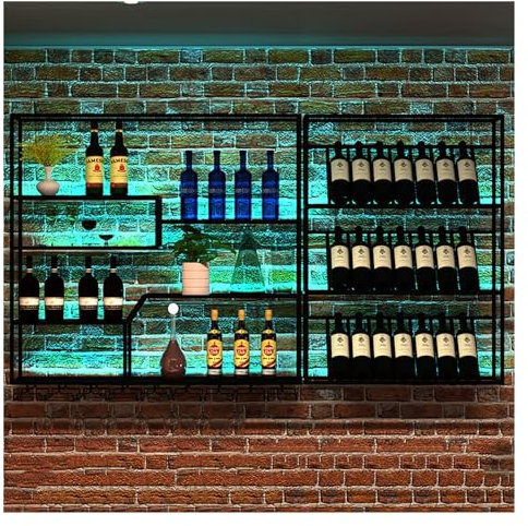 Porte Bouteilles Mural Industrielle,Étagère A Vin en Fer,Range Bouteille,avec Porte Verres Suspendu,Casier Bouteille De Vin pour Rangement Cuisine,Cave À Vin Decoration Murale Au Salon Chambre,Noir
