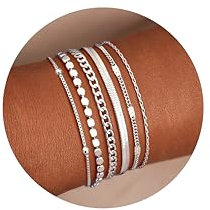 YADOCA 6Pcs Silber Armband für Damen 14K Vergoldet Gold Kubanische Büroklammer Herringbone Box Kette Armbänder Thin Silber Armbänder Set Schmuck für Frauen Teen -2