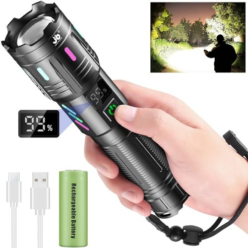 JAY-PARK Taschenlampe LED Aufladbar, 1000000 Lumen Taschenlampen Extrem Hell, Starke Taschenlampe, 5 Lichtmodi, Zoombar, IPX7 Wasserdicht