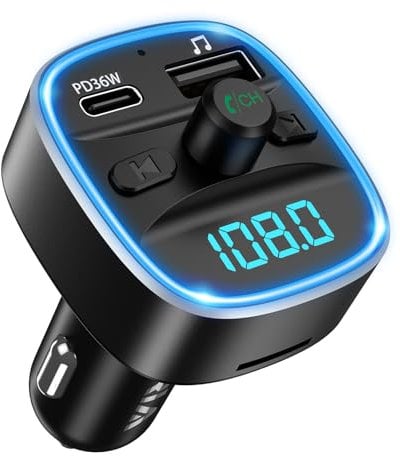 ORIA Bluetooth 5.3 Car Adapter, Car Audio FM Transmitters with 36W PD Fast Charging, Blue LED Backlit, Handsfree Calling, Wireless Car Radio Adapter Support TF Card & USB Disk, Car Music Adapter