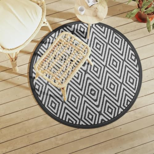 Wenjingqi-368474 Outdoor-Teppich, Polypropylen, Weiß und Schwarz, Ø120 cm