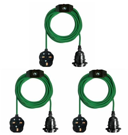 Set of 3 Green Fabric Flex Plug In Pendant Lights with Switch, E27 Holder | 3-Pack Plug In Ceiling Pendant Cord Set, Braided Fabric Cable, Inline On/Off Switch & UK Plug for Instant Hanging Lights