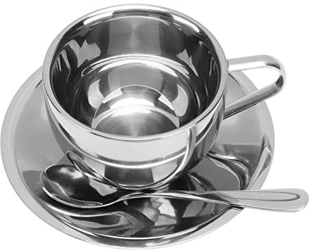 Tazas de café Expreso, Juego de Tazas de café Aisladas de 180 Ml, Tazas de Doble Pared de Acero Inoxidable, Juego de Tazas de té, Taza Expresso con Platillo y Cuchara para café