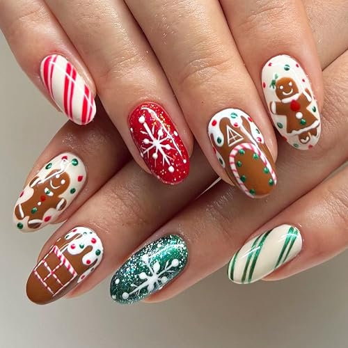 24pcs Weihnachts Falsche Nägel, Rote Französische Streifen & Schneeflocken Design, Kurze Mandelform, Künstliche Nägel Zum Aufkleben, Vollabdeckung, Nagelkunst für Weihnachten (Rot Streifen, 24x)