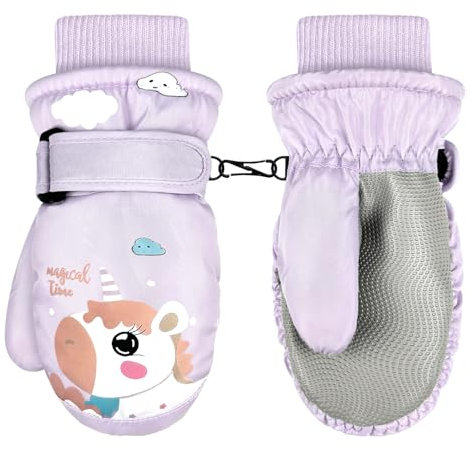LeapBeast Guantes de Esquí para Niños 3-5 Años, Guantes Impermeables de Térmicos Calientesa Prueba de Viento de Invierno - TPU - Forro Polar (Lila - Pegaso)