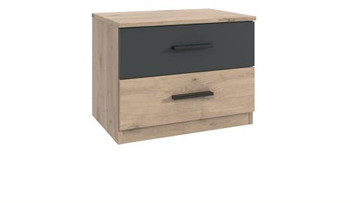 möbelando Nachtkommode >Budapest< in Viking-Oak Nachbildung mit Graphit-Absetzungen – 52x40x38 cm (BxHxT) cm, 2 Schubladen, modern, Made in Germany, zerlegt geliefert
