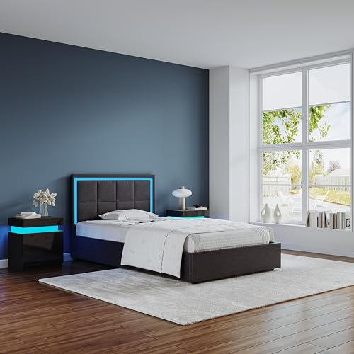 Ottoman Bed,3ft Upholstered Bed Ottoman Lift Storage Bed with LED Lights | Single Bed Frame Faux Leather Storage Bed Frame Under Bed Storage Bedroom Furniture,Black