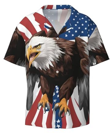 Adler mit USA-Flagge, stilvoll, lässig, kurzärmelig, Hemden für Herren, Polyester, Button-Down-Shirts, Schwarz, L