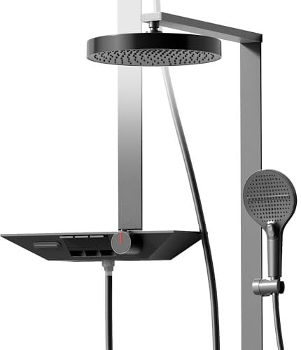 ALPHA HOME Duschset Duschstange mit Duschkopfhalter, Brausestangenset, Handbrause 3 Strahlarten, Duschsystem, Duschsäuleset mit Thermostat und Glasablage, Duschset Regendusche mit Armatur