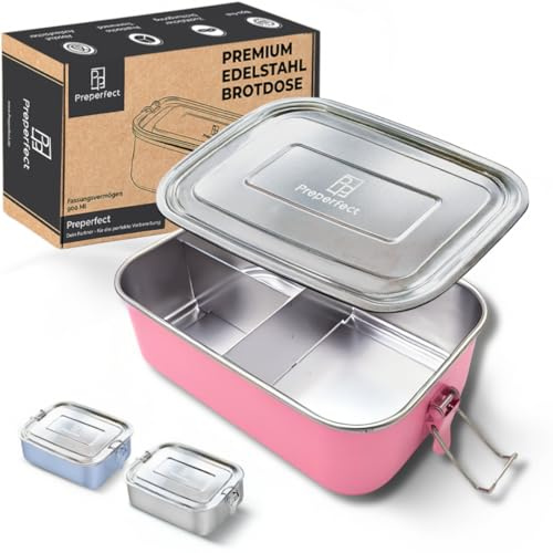 Preperfect Premium Kinder Brotdose Edelstahl - 900ml Lunchbox - Essensbox inkl. Trennwand mit 3 Fächern - Frühstücksbox robust und auslaufsicher- Brotbox für Schule, Kindergarten und Arbeit (Rosa)