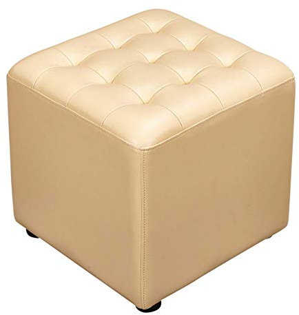 PAROBDO Leder Gepolsterter Würfel Pouf Ottoman, Pouf Fußhocker Massivholz Quadratisch Leder Wohnzimmer Couchtisch Kleine Bank-beige 40x40x35cm(16x16x14inch)