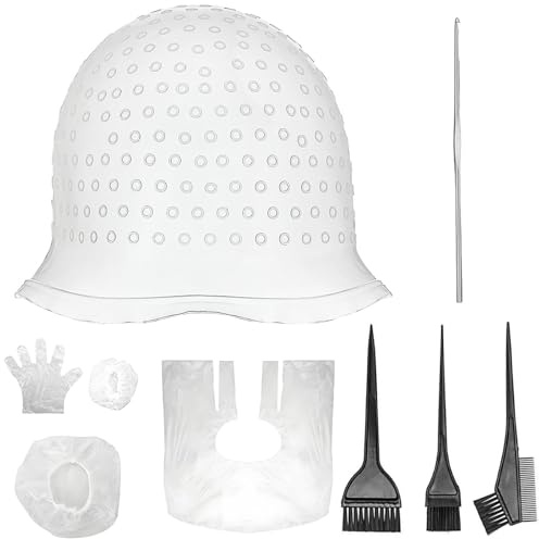 Bonnet Meches Cheveux Silicone Réutilisable Doux 7 Pcs Trous Pré-percés | Facile À Nettoyer, Kit Coloration Professionnel pour Meches et Balayage, Salon de Coiffure À Domici Femmes Filles